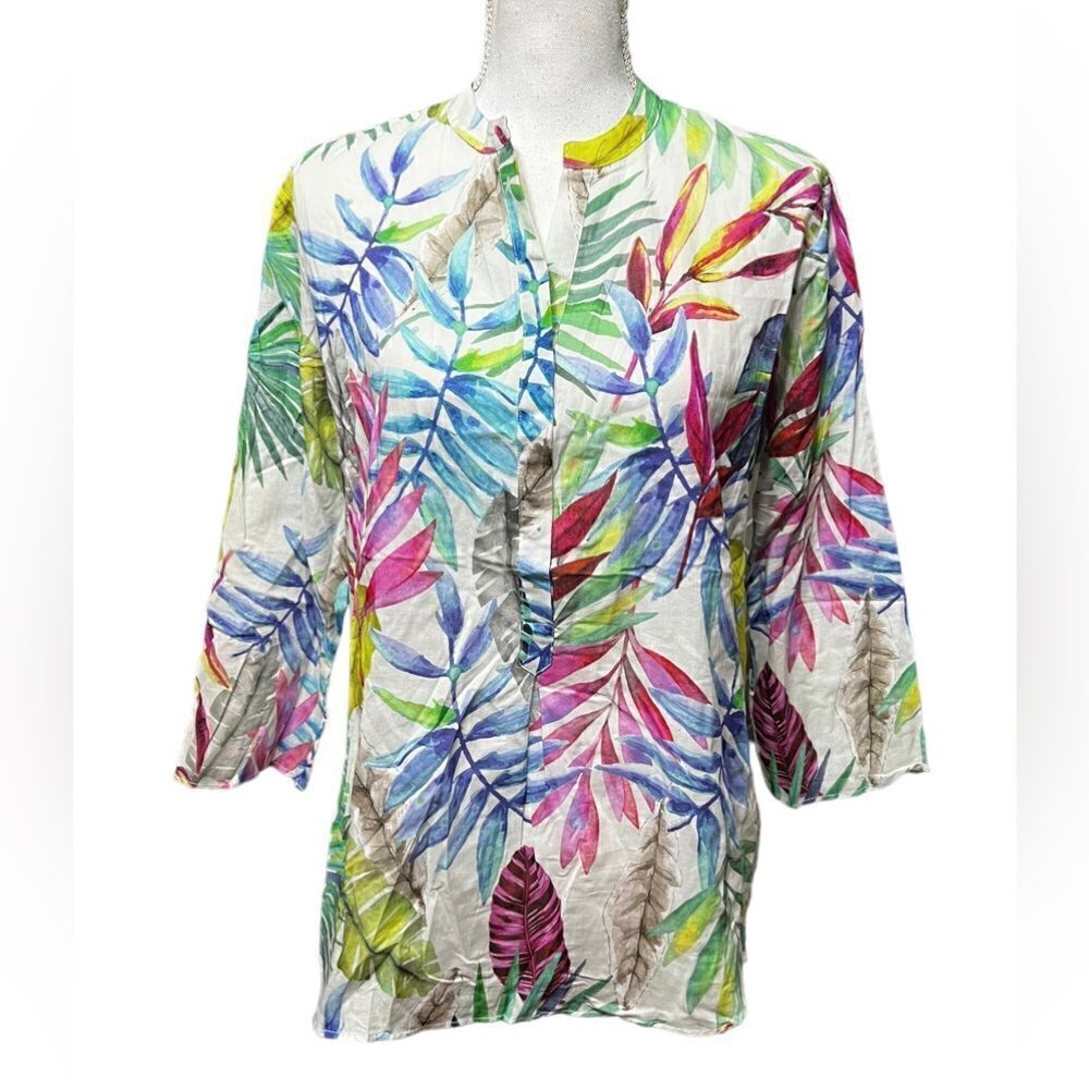 Vilagallo Top Womens 42 Tropical Print 3/4 Sleeve Artsy Lightweight Cotton Boho